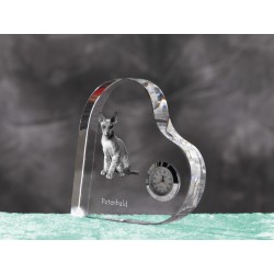 Peterbald- crystal clock in the shape of a heart with the image of a purebred cat.