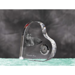 Russian Blue - crystal clock in the shape of a heart with the image of a purebred cat.