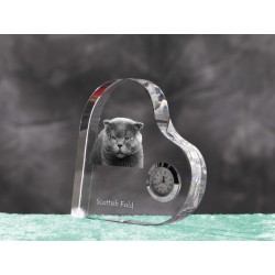 Scottish Fold - crystal clock in the shape of a heart with the image of a purebred cat.