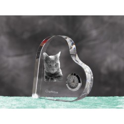 Chartreux - orologio di cristallo a forma di cuore con l'immagine di un gatto di razza.