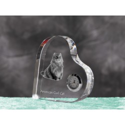 American Curl - orologio di cristallo a forma di cuore con l'immagine di un gatto di razza.
