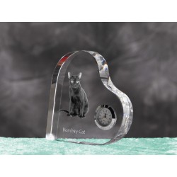 Bombay cat- crystal clock in the shape of a heart with the image of a purebred cat.