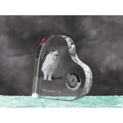 Himalayan cat- crystal clock in the shape of a heart with the image of a purebred cat.