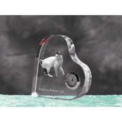 Japanese Bobtail- crystal clock in the shape of a heart with the image of a purebred cat.
