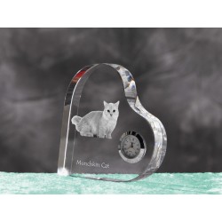 Munchkin- crystal clock in the shape of a heart with the image of a purebred cat.