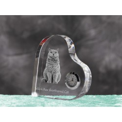 Selkirk rex shorthaired - crystal clock in the shape of a heart with the image of a purebred cat.