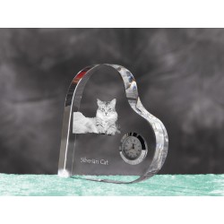 Siberian cat- crystal clock in the shape of a heart with the image of a purebred cat.