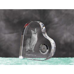 Singapura- crystal clock in the shape of a heart with the image of a purebred cat.