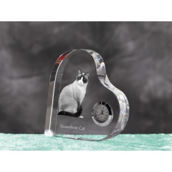 Snowshoe- crystal clock in the shape of a heart with the image of a purebred cat.