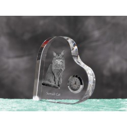 Somali - crystal clock in the shape of a heart with the image of a purebred cat.