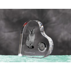 Tonkinese cat- crystal clock in the shape of a heart with the image of a purebred cat.