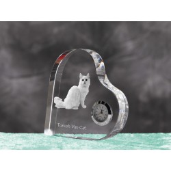 Turkish Van- crystal clock in the shape of a heart with the image of a purebred cat.