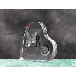 Manx cat- crystal clock in the shape of a heart with the image of a purebred cat.