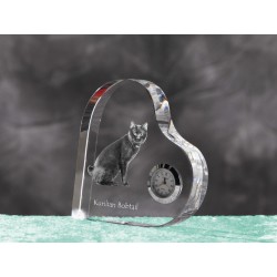 Kurilian Bobtail- crystal clock in the shape of a heart with the image of a purebred cat.