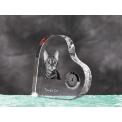 Toyger- crystal clock in the shape of a heart with the image of a purebred cat.