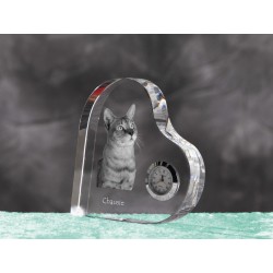 Chausie- crystal clock in the shape of a heart with the image of a purebred cat.