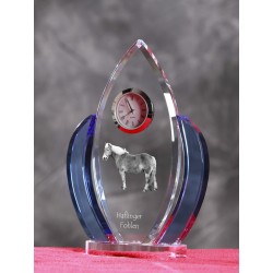 Haflinger, Horloge en cristal en forme de ailes avec une image d'un cheval de race.