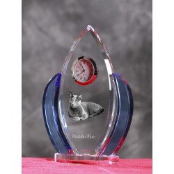 Russian Blue- crystal clock in the shape of the wings with the image of a purebred cat.