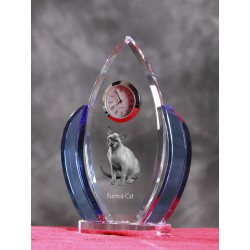 Burmese cat- crystal clock in the shape of the wings with the image of a purebred cat.