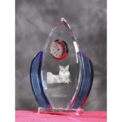 Siberian cat- crystal clock in the shape of the wings with the image of a purebred cat.