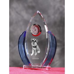 Schnauzer- crystal clock in the shape of the wings with the image of a purebred dog.