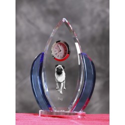 Pug - crystal clock in the shape of the wings with the image of a purebred dog.