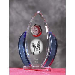 Boston Terrier- crystal clock in the shape of the wings with the image of a purebred dog.