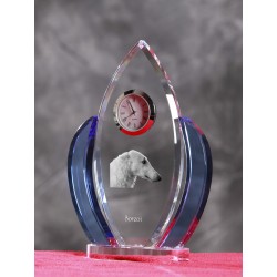 Borzoi, Russian Wolfhound- crystal clock in the shape of the wings with the image of a purebred dog.