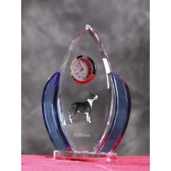 Bull Terrier- crystal clock in the shape of the wings with the image of a purebred dog.