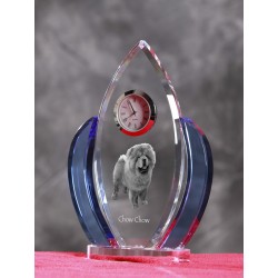 Chow chow, Kristall-Uhr in der Form eines Flügel mit einem Bild von einem Hunde.
