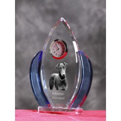 Dobermann- crystal clock in the shape of the wings with the image of a purebred dog.