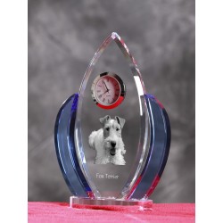 Fox Terrier, Horloge en cristal en forme de ailes avec une image d'un chien de race.