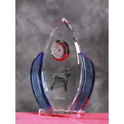 Schnauzer, Horloge en cristal en forme de ailes avec une image d'un chien de race.