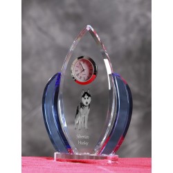 Siberian Husky- crystal clock in the shape of the wings with the image of a purebred dog.