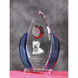 West Highland White Terrier, Kristall-Uhr in der Form eines Flügel mit einem Bild von einem Hunde.