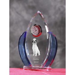 Clumber Spaniel- crystal clock in the shape of the wings with the image of a purebred dog.