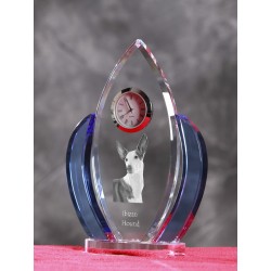 Ibizan Hound- crystal clock in the shape of the wings with the image of a purebred dog.