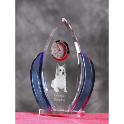 Icelandic sheepdog- crystal clock in the shape of the wings with the image of a purebred dog.