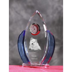 Finnish Lapphund- crystal clock in the shape of the wings with the image of a purebred dog.