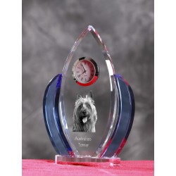 Australian terrier- crystal clock in the shape of the wings with the image of a purebred dog.