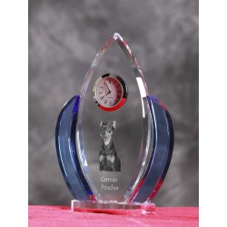 German Pinscher- crystal clock in the shape of the wings with the image of a purebred dog.