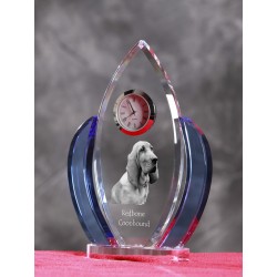 Redbone coonhound- crystal clock in the shape of the wings with the image of a purebred dog.