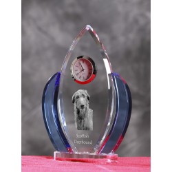 Scottish Deerhound- crystal clock in the shape of the wings with the image of a purebred dog.
