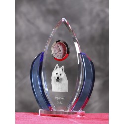 Japanese Spitz- crystal clock in the shape of the wings with the image of a purebred dog.