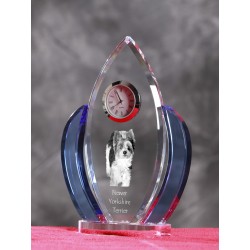 Biewer Terrier- crystal clock in the shape of the wings with the image of a purebred dog.