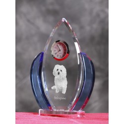 Bolognese - crystal clock in the shape of the wings with the image of a purebred dog.
