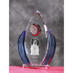 French Spaniel- crystal clock in the shape of the wings with the image of a purebred dog.