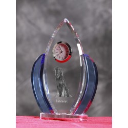 Hovawart- crystal clock in the shape of the wings with the image of a purebred dog.