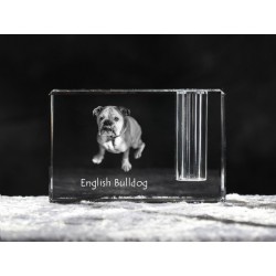 Buldog angielski - kryształowy stojak na długopis z wizerunkiem psa, pamiątka, dekoracja, kolekcja.