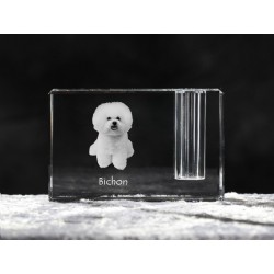 Bichon Frise - kryształowy stojak na długopis z wizerunkiem psa, pamiątka, dekoracja, kolekcja.